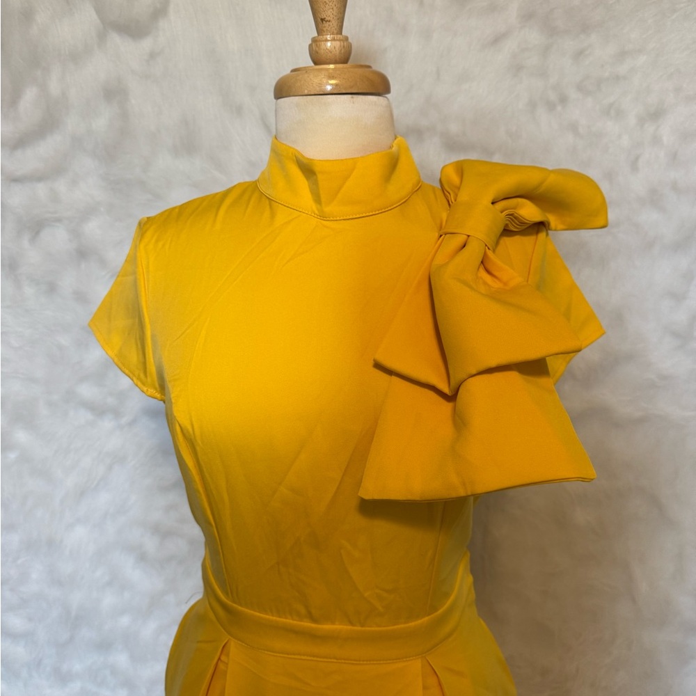 Yellow Midi Dress with Bow Shoulder - Picture 2 of 5